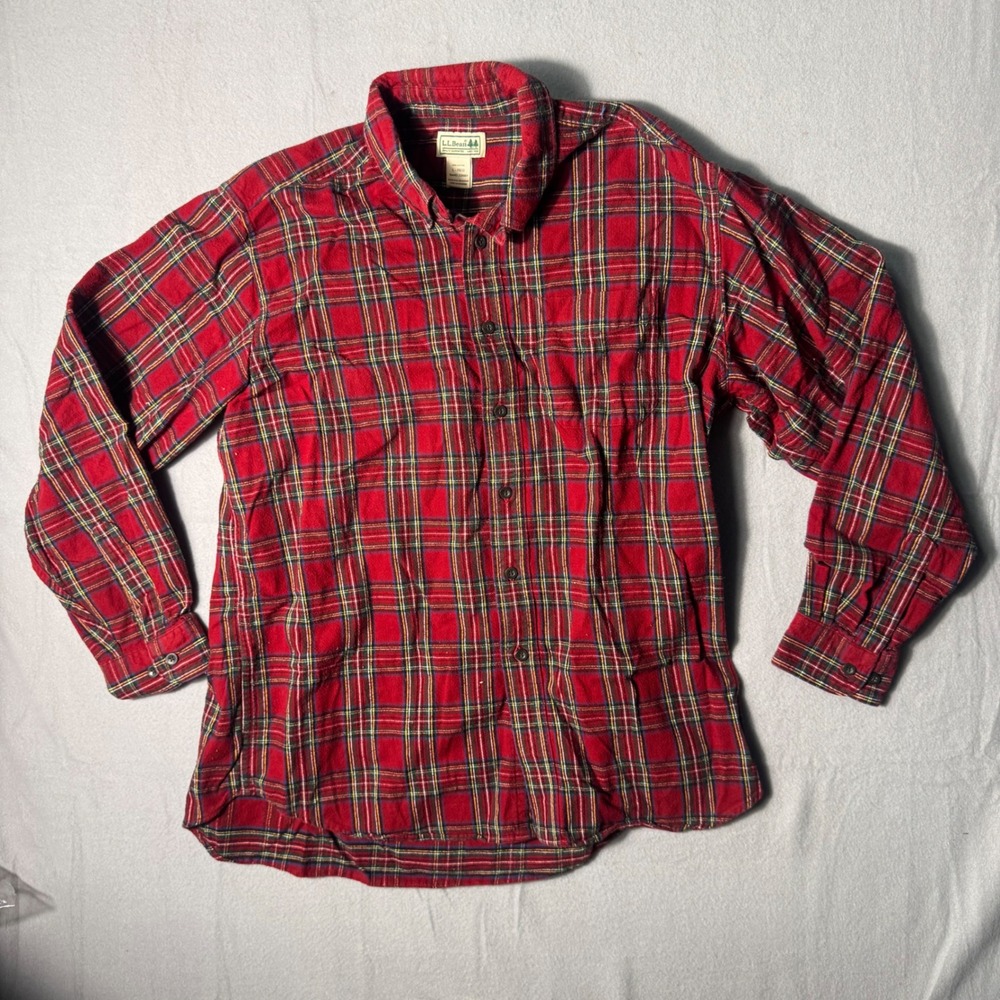 LL Bean Red Plaid Flannel Button Down Shirt Mens Large 228061 Cotton Long Sleeve